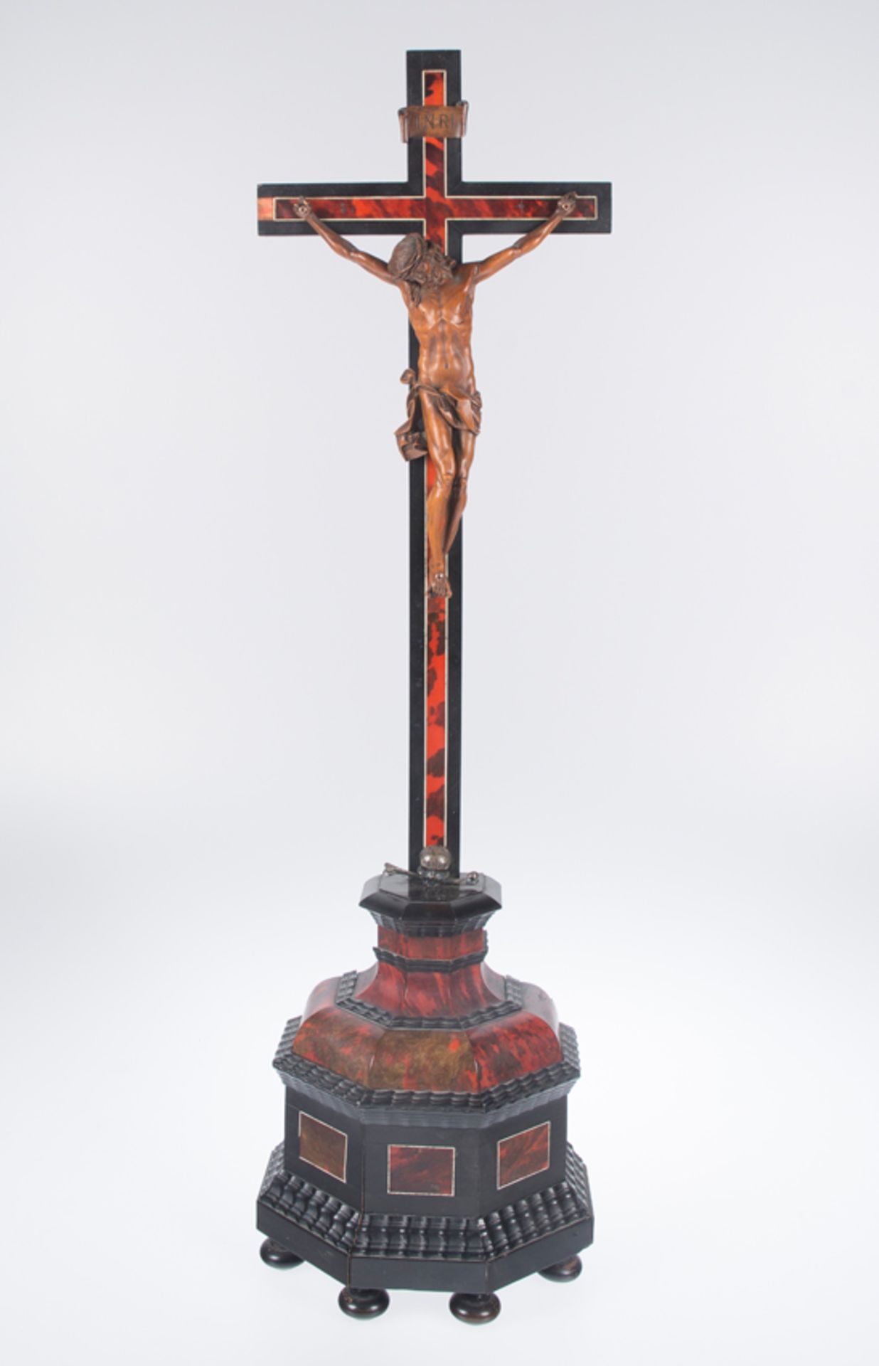 "Crucified Christ". Carved boxwood sculpture with a wood and ebony cross covered with tortoiseshell