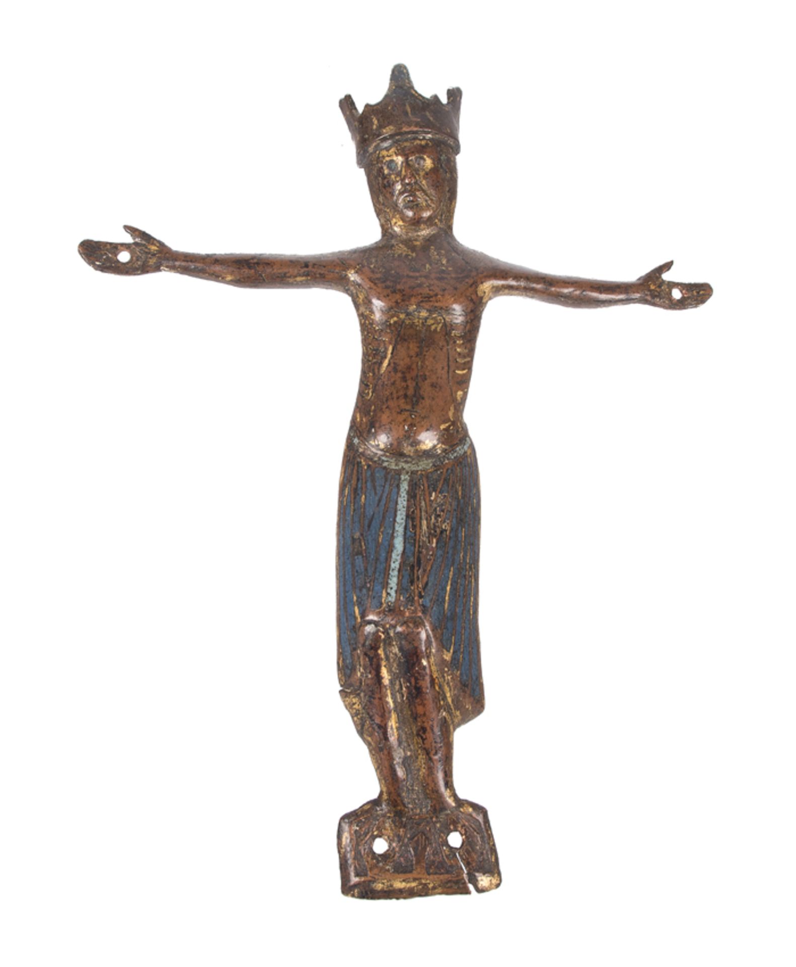 "Christ". Large chased and gilded copper figure with champlevé enamel. Limoges. France. Romanesque.