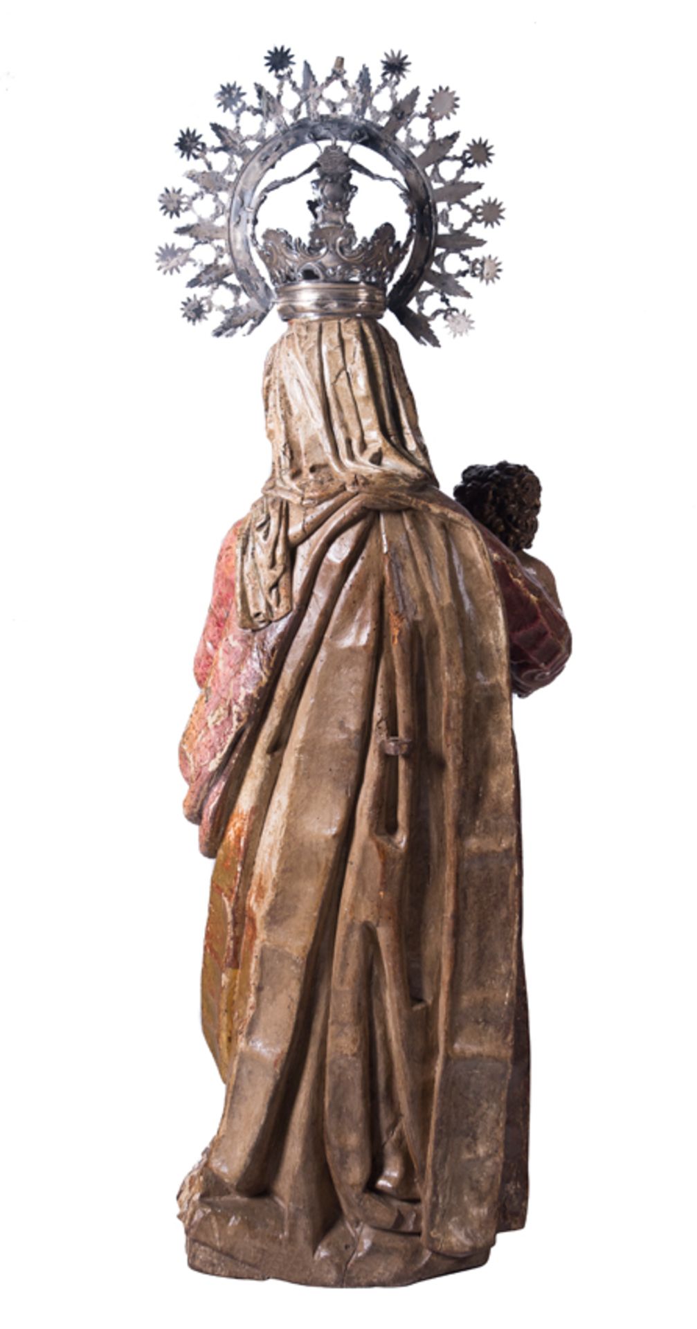 "Madonna and Child". Carved and polychromed wooden sculpture with a silver crown. Spanish School. 17 - Image 6 of 6