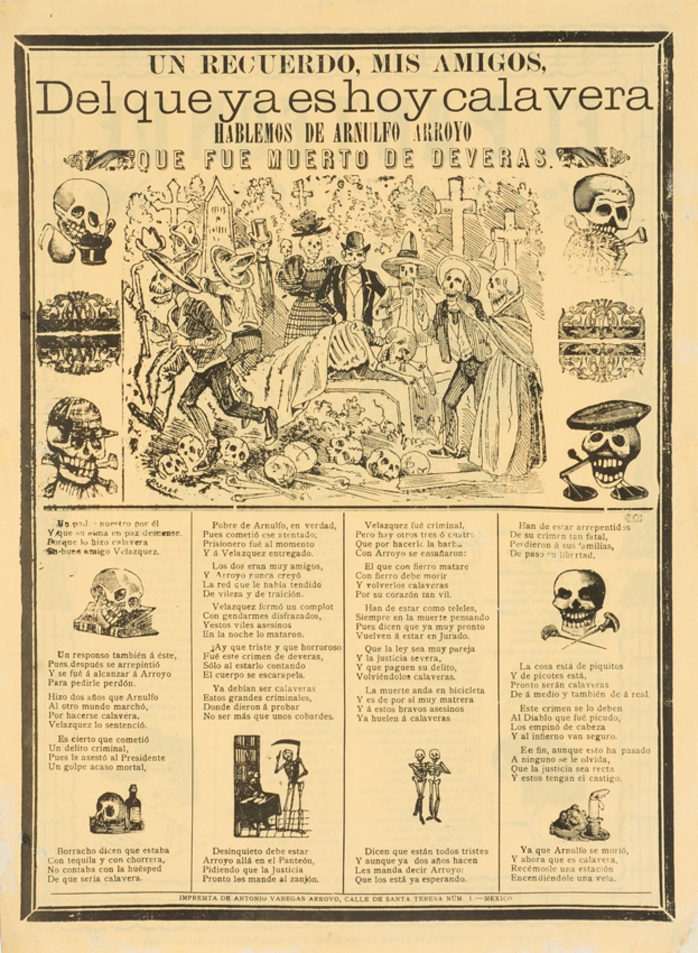 Calavera' (Skull), publication for the Día de Muertos – Day of the Dead. Engraving on paper. Mexico. - Image 2 of 2