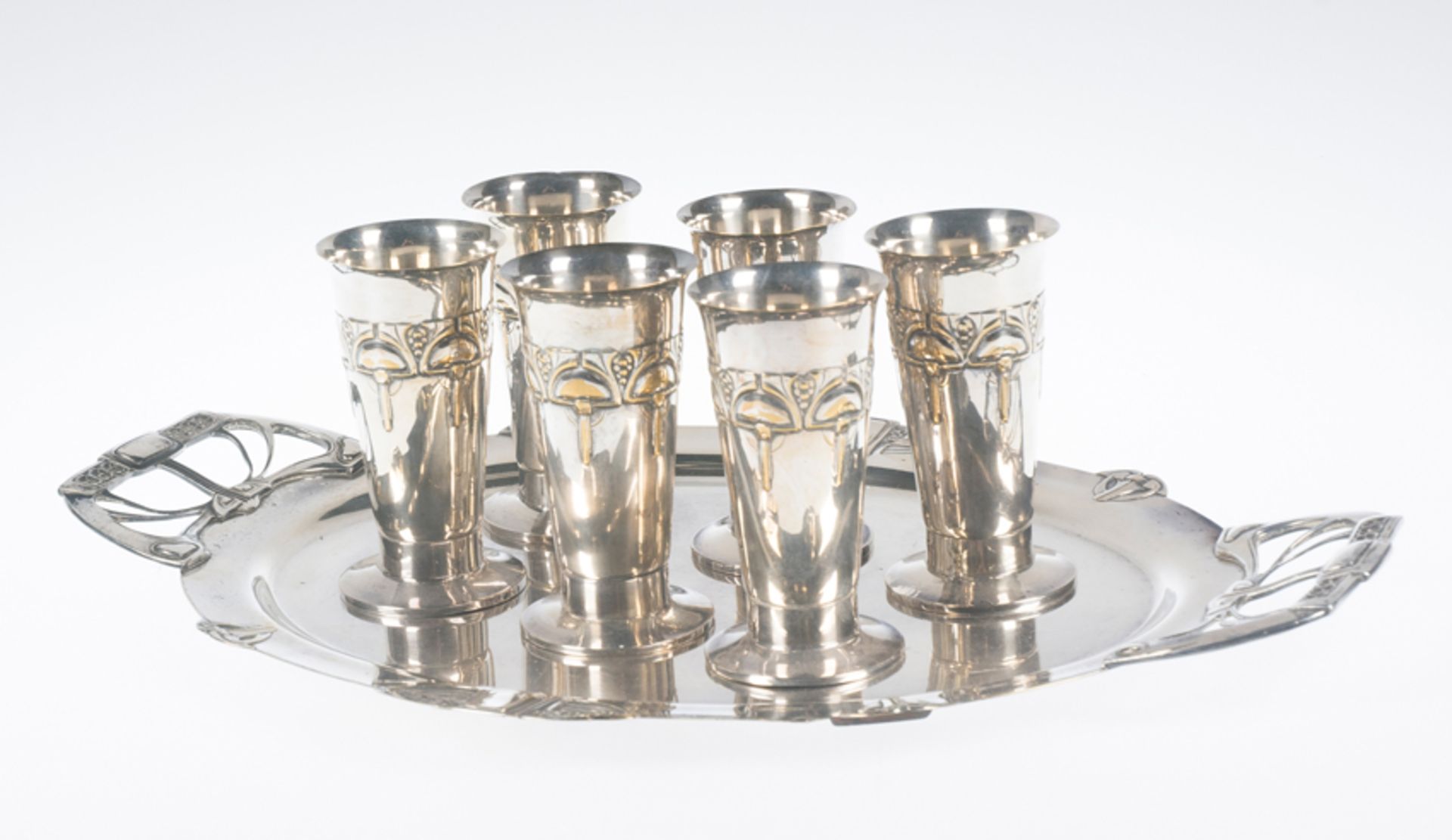 Large tray with six silvered metal goblets. Possibly Württenbergische Metallwaren Fabrik (WMF). Germ - Image 2 of 2