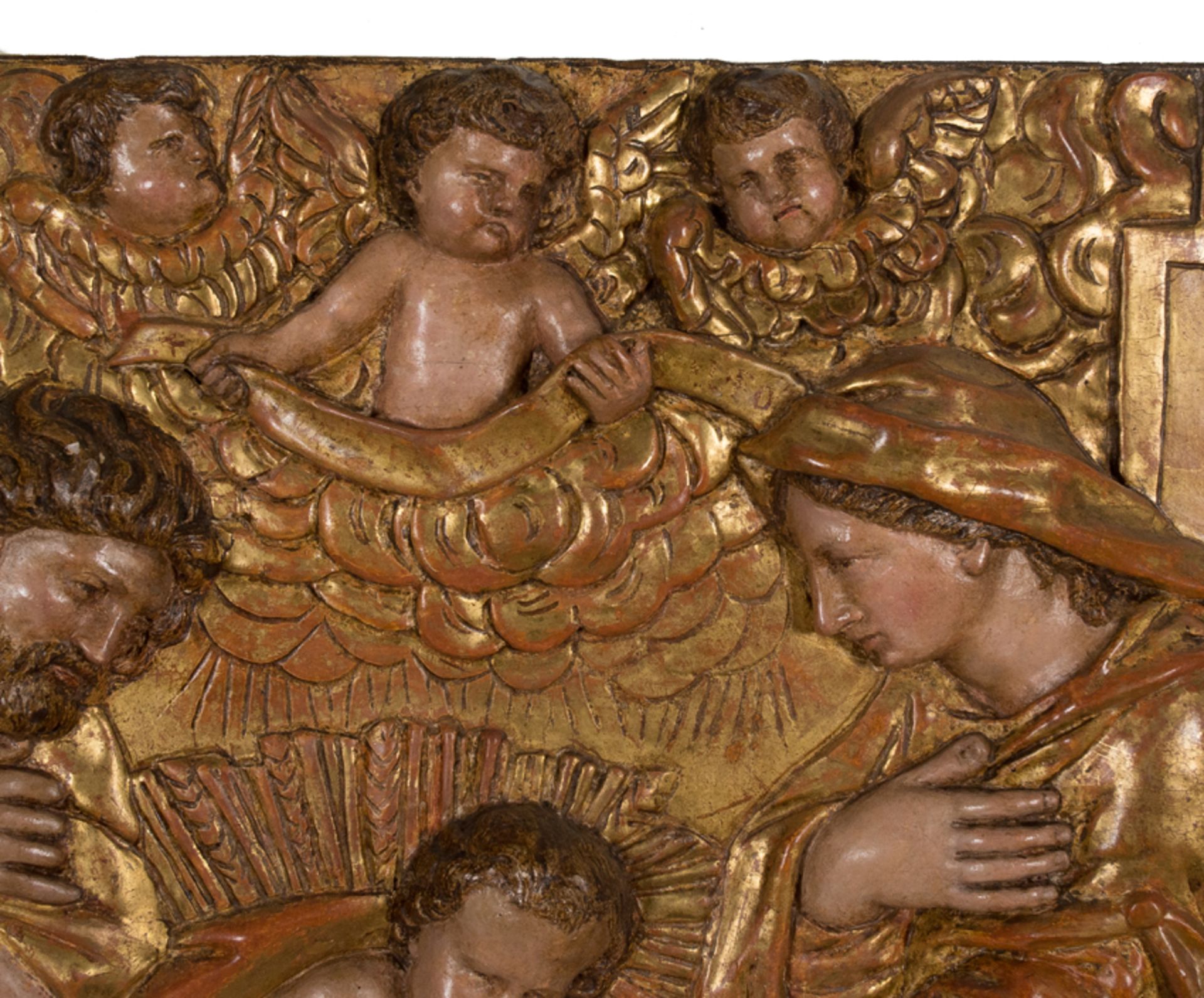 "The adoration of the shepherds". Carved and polychromed wooden relief. Italian School. 16th - 17th - Bild 5 aus 6