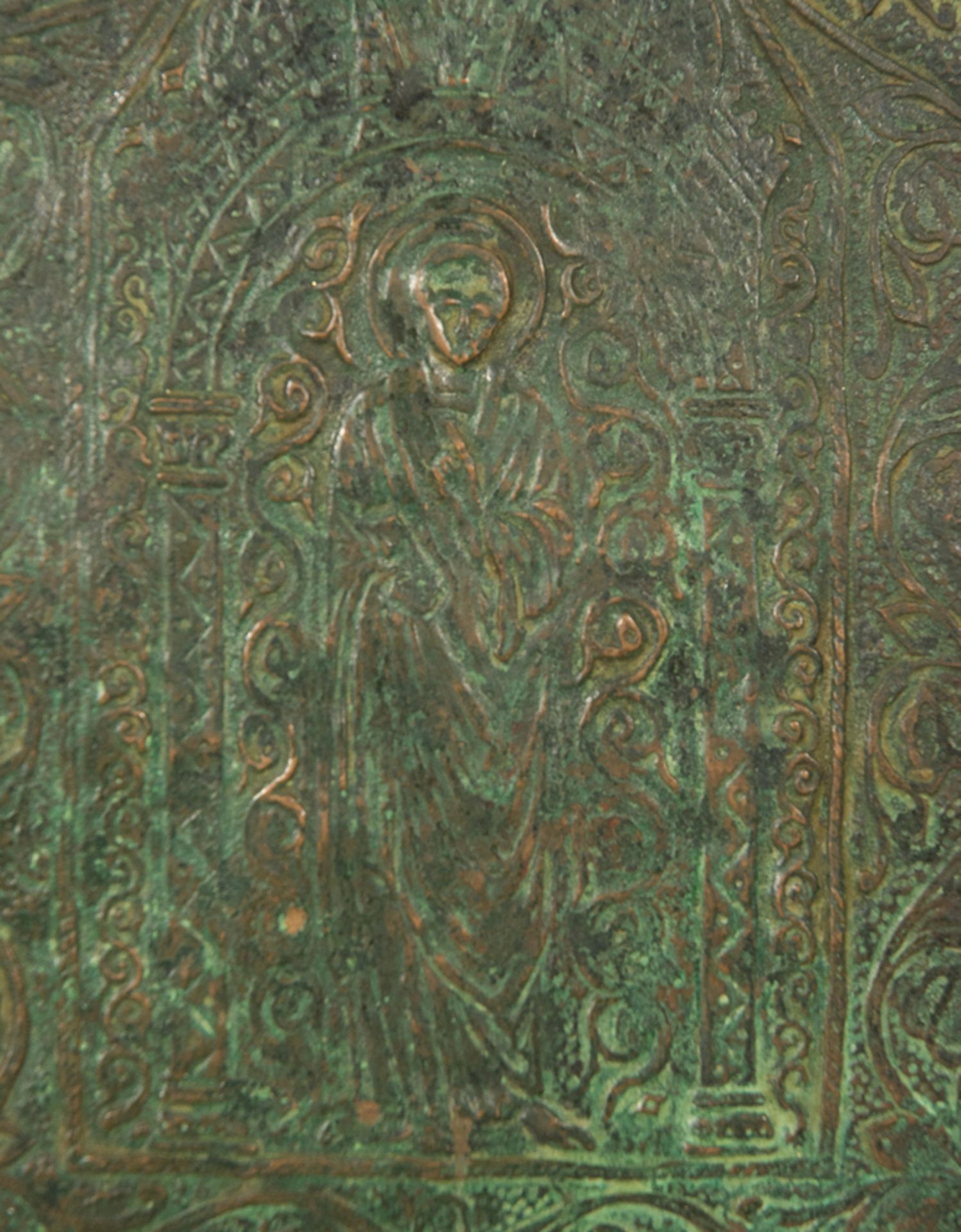 Pair of side sections from a copper reliquary chest with gilt residue. Circa 1300. - Image 4 of 6