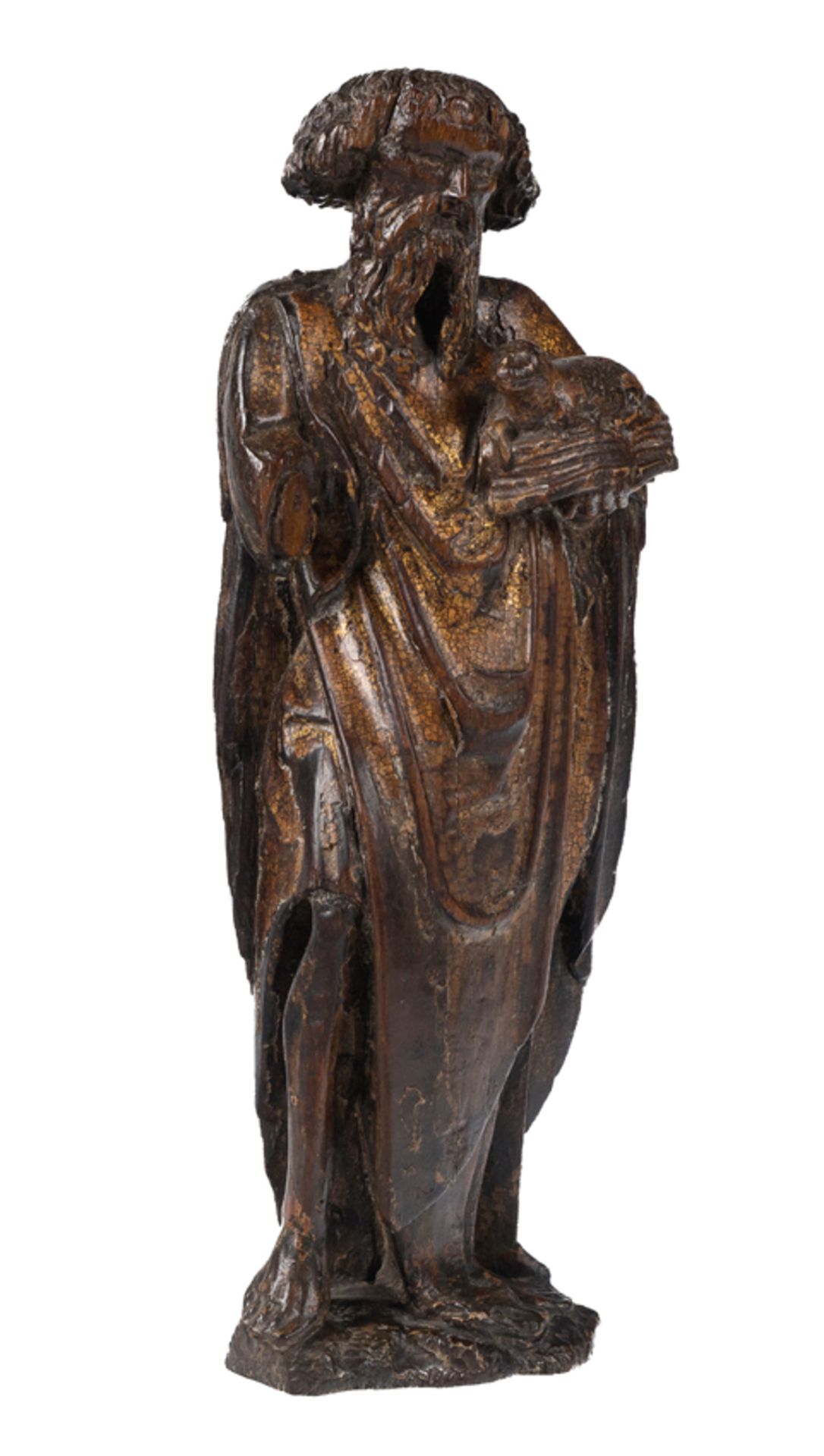 "Saint John the Baptist" Carved oak wood sculpture with gilt residue. Mechelen. Belgium. Circa 1500.