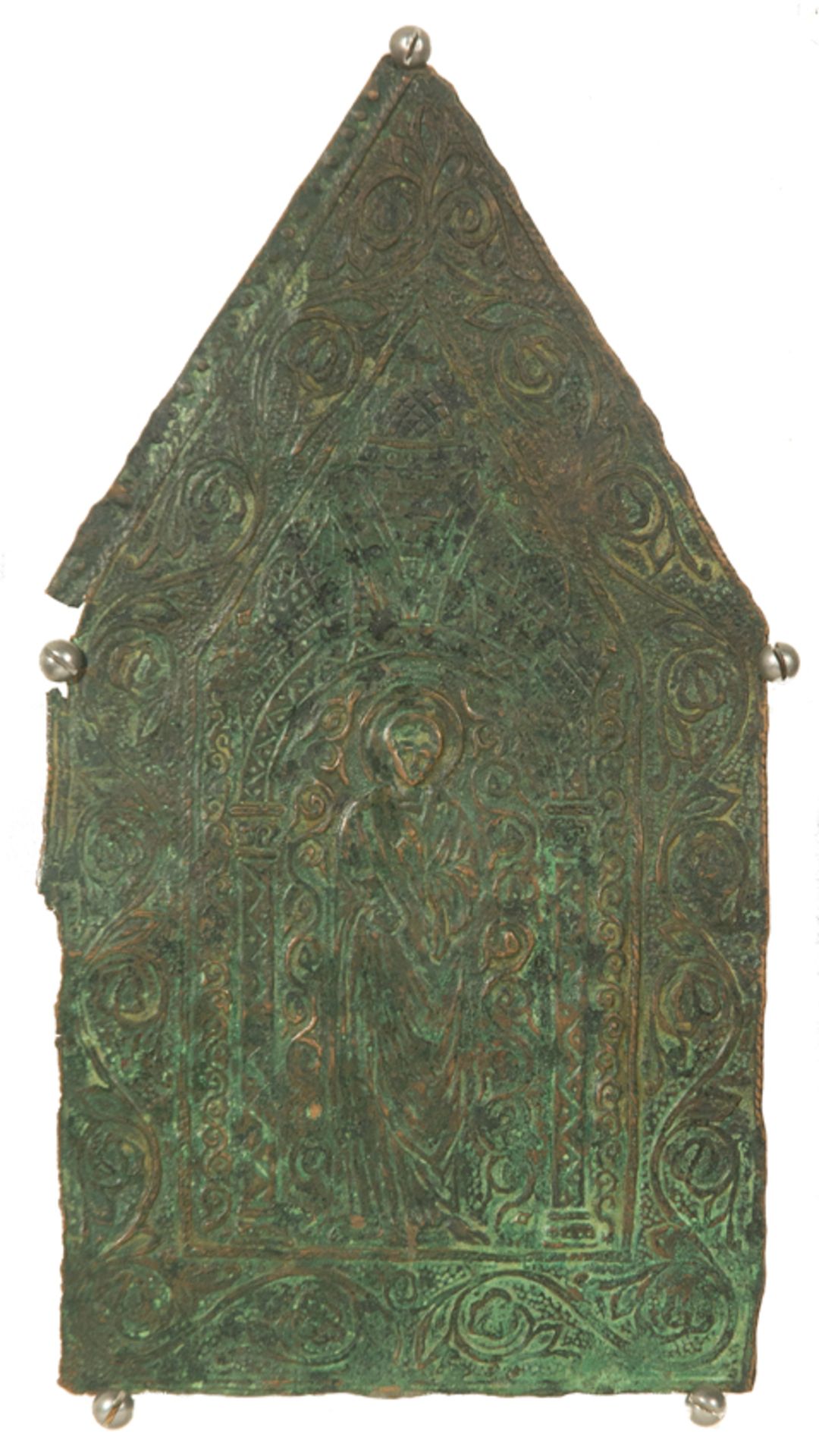 Pair of side sections from a copper reliquary chest with gilt residue. Circa 1300. - Image 2 of 6