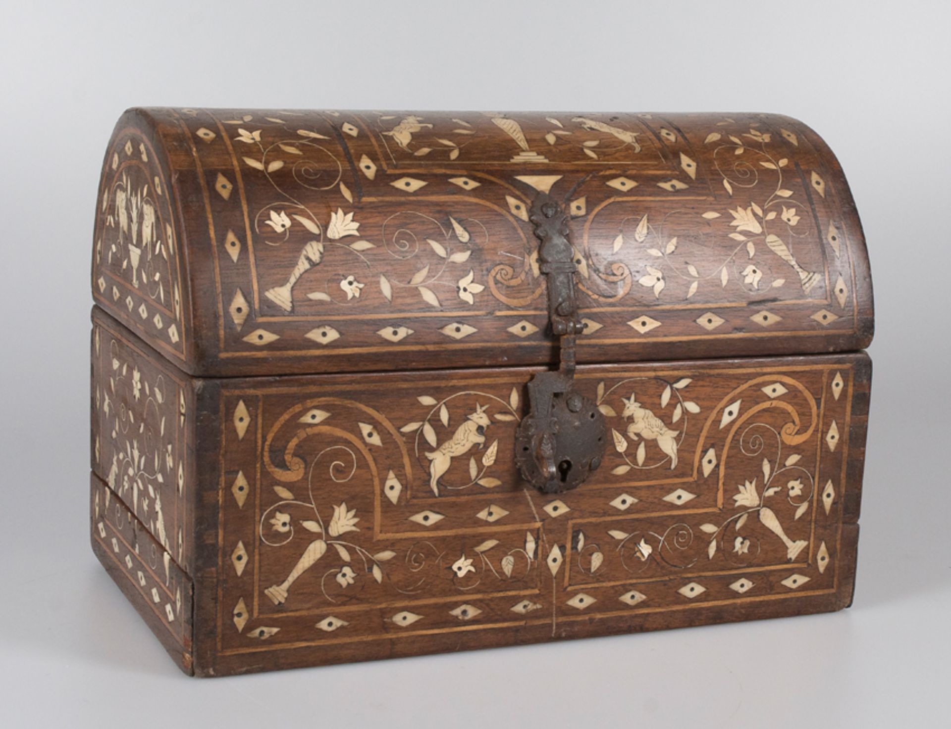 Wooden box with pyrographed bone incrustations and iron fittings.Colonial School.Mexico. 18th centu.