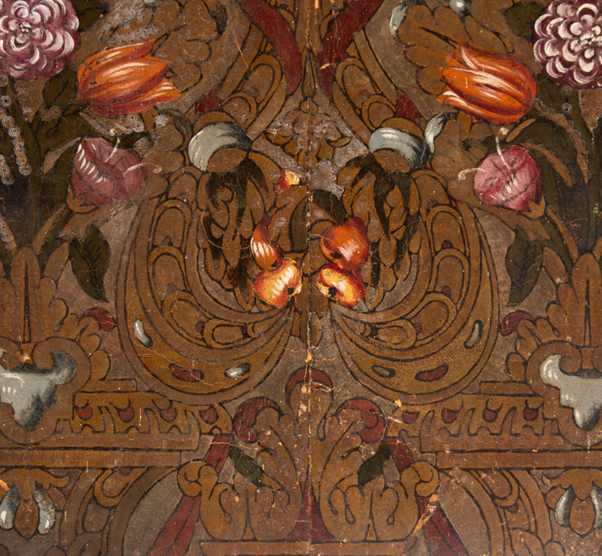 Embossed, engraved, polychromed and gilded cordovan leather. Possibly Flemish. 18th century. - Image 11 of 14