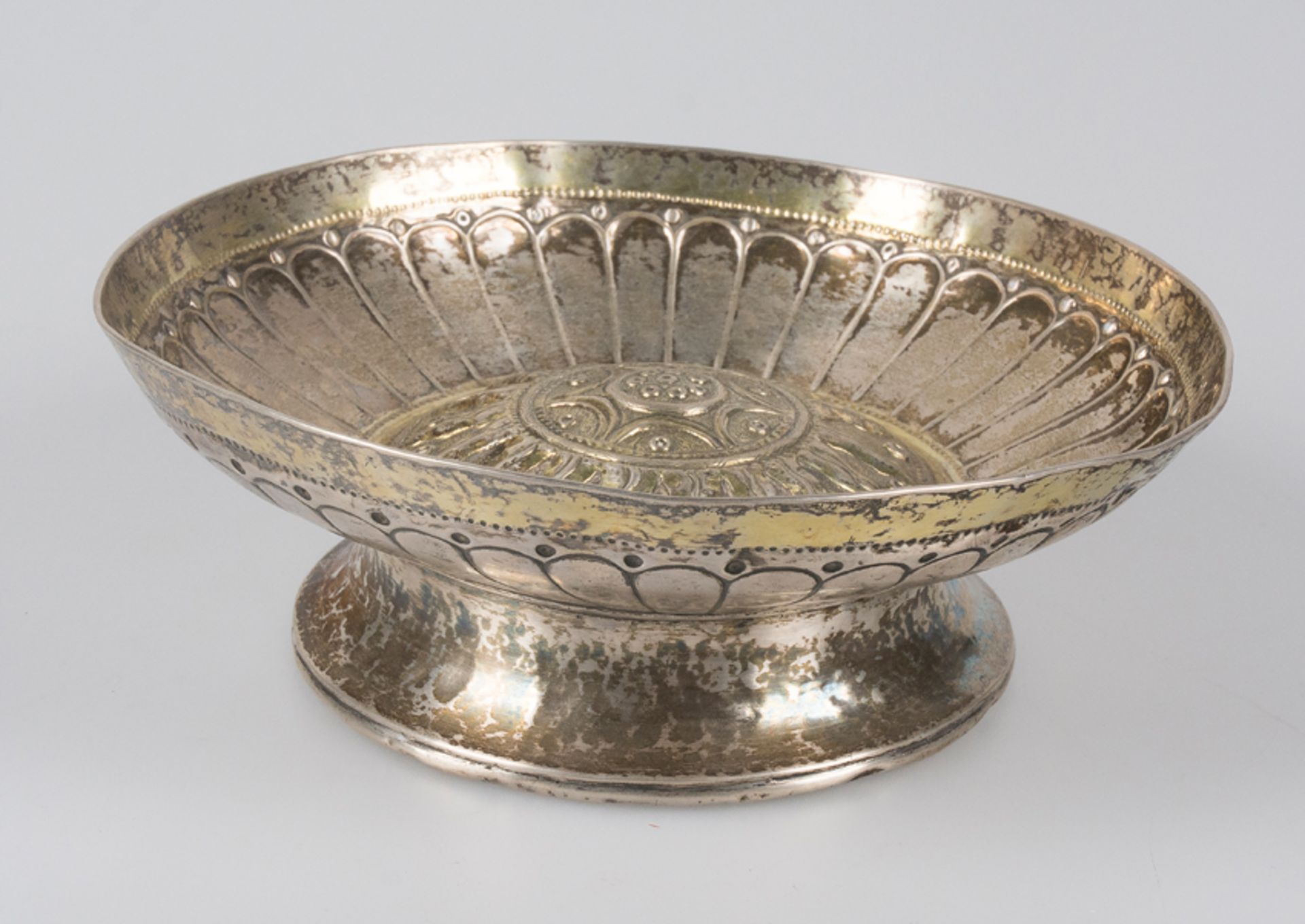 Embossed and chased silver tray with gilt residue. Possibly from Guatemala. 18th century.