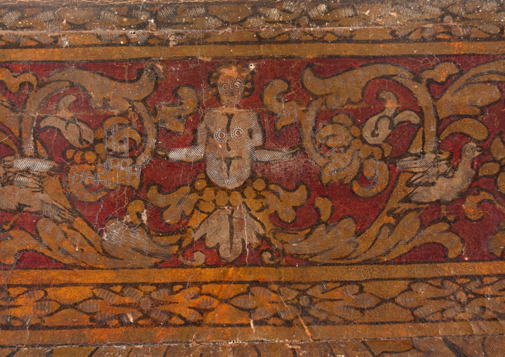 Embossed, engraved, polychromed and gilded cordovan leather. Possibly Flemish. 18th century. - Image 10 of 14