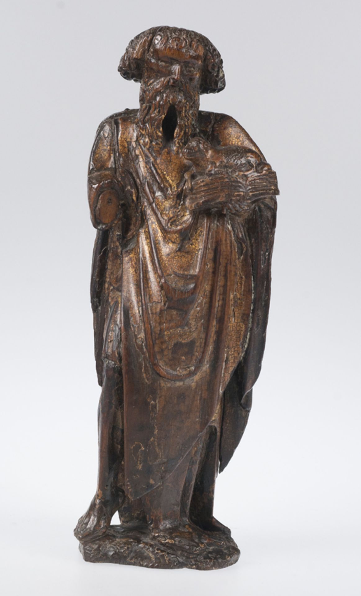 "Saint John the Baptist" Carved oak wood sculpture with gilt residue. Mechelen. Belgium. Circa 1500. - Image 2 of 5