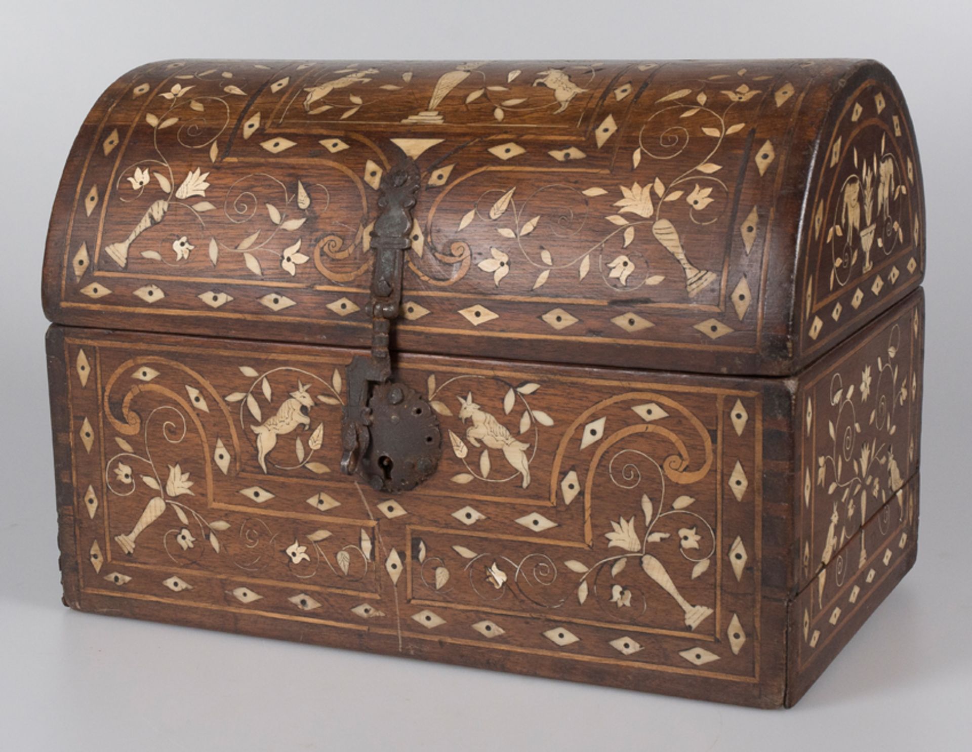 Wooden box with pyrographed bone incrustations and iron fittings.Colonial School.Mexico. 18th centu. - Image 2 of 9