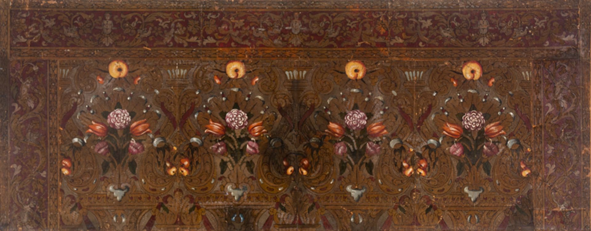 Embossed, engraved, polychromed and gilded cordovan leather. Possibly Flemish. 18th century.