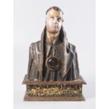 "Reliquary bust of a saint". Carved, gilded and polychromed wooden sculpture, with a large, central