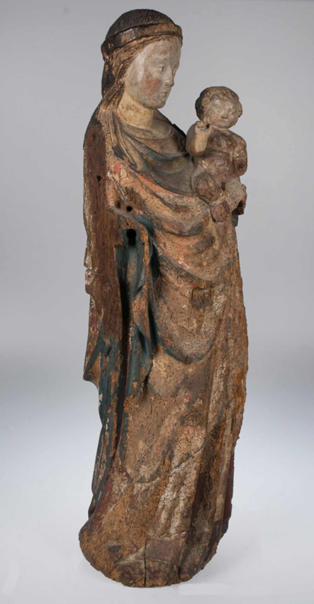 "Madonna and Child". Carved and polychromed wooden sculpture. France. Gothic. 14th century. - Image 3 of 6