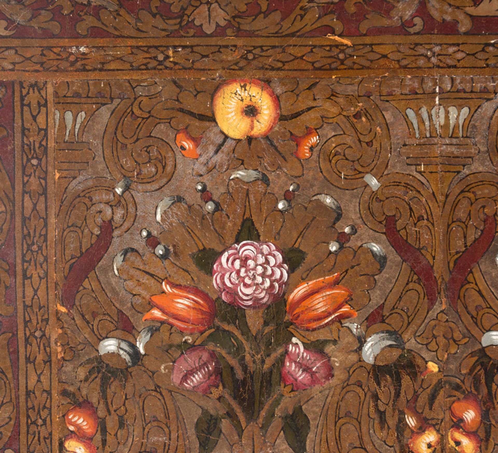 Embossed, engraved, polychromed and gilded cordovan leather. Possibly Flemish. 18th century. - Image 3 of 14