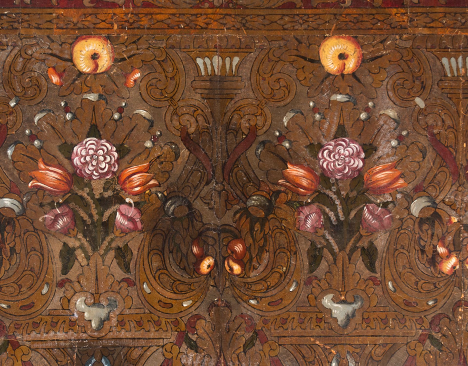 Embossed, engraved, polychromed and gilded cordovan leather. Possibly Flemish. 18th century. - Image 5 of 14