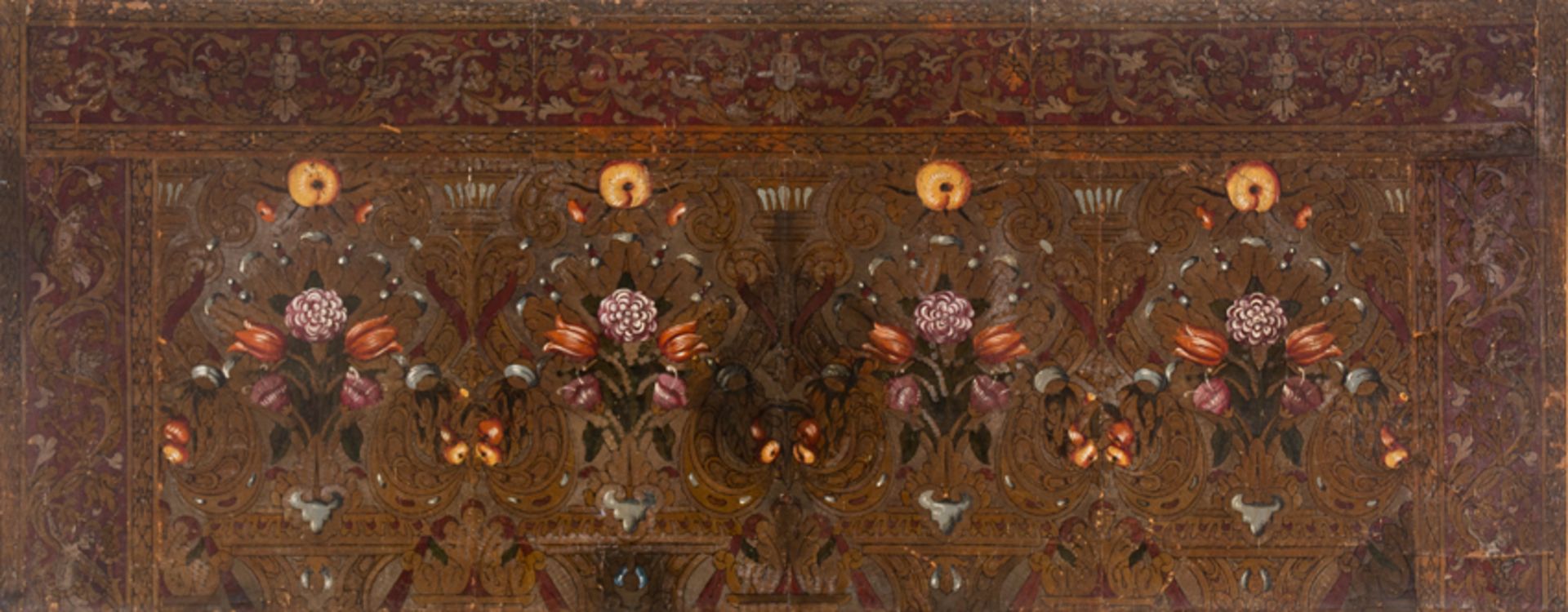 Embossed, engraved, polychromed and gilded cordovan leather. Possibly Flemish. 18th century. - Image 2 of 14