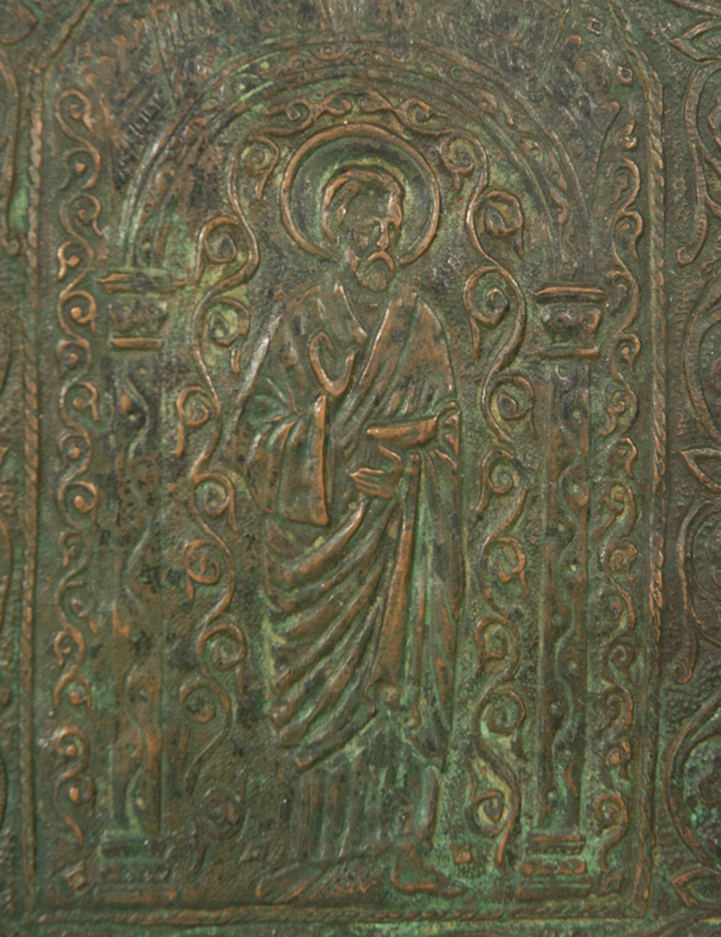 Pair of side sections from a copper reliquary chest with gilt residue. Circa 1300. - Image 5 of 6