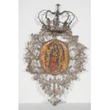 "Our Lady of Guadalupe". Oil and "enconchado" and silver filigree. Colonial School.Mexico.