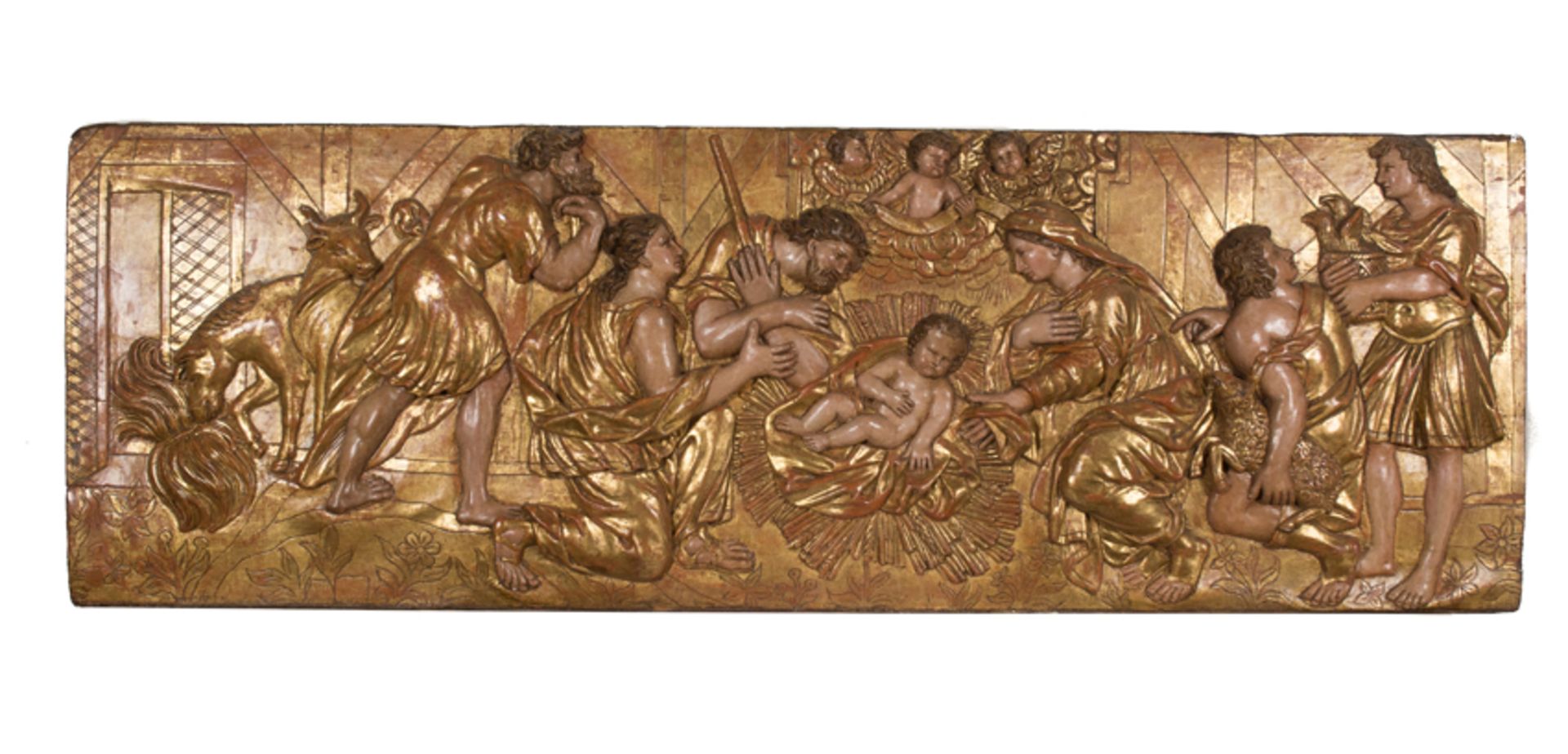 "The adoration of the shepherds". Carved and polychromed wooden relief. Italian School. 16th - 17th