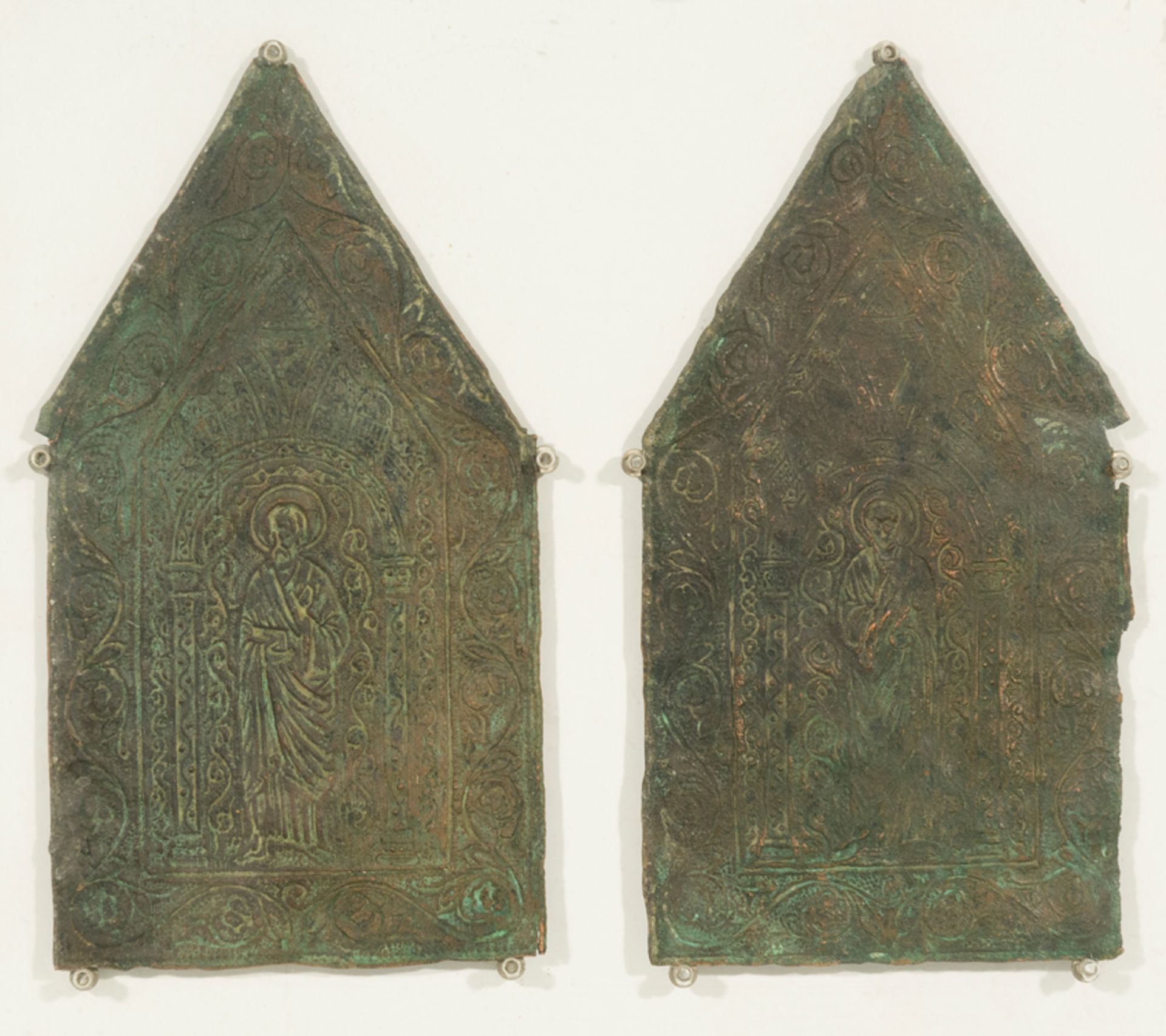 Pair of side sections from a copper reliquary chest with gilt residue. Circa 1300. - Image 6 of 6