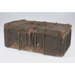 Leather-covered wooden box with iron fittings. Gothic. 15th century.