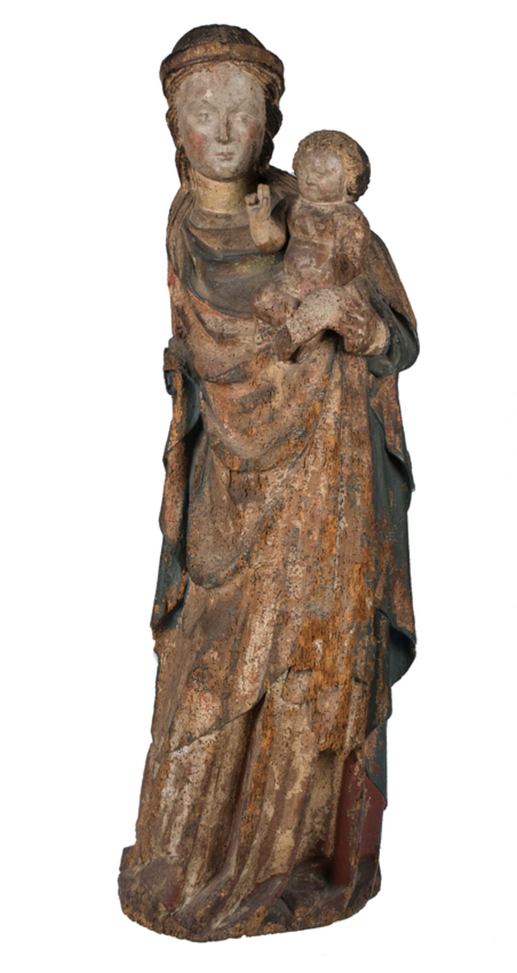 "Madonna and Child". Carved and polychromed wooden sculpture. France. Gothic. 14th century. - Image 2 of 6