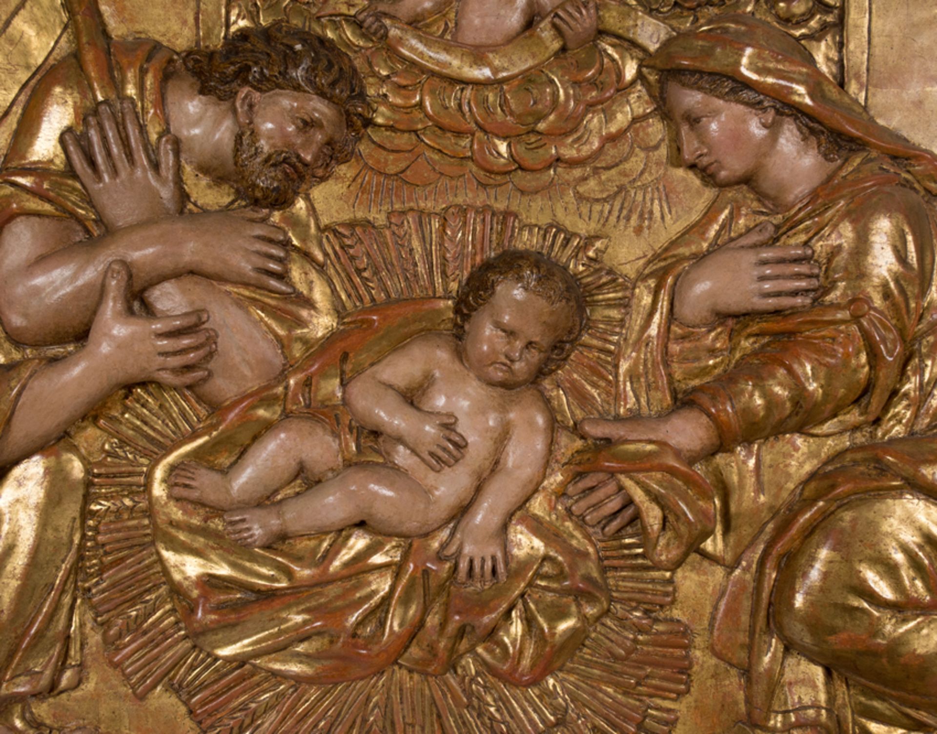 "The adoration of the shepherds". Carved and polychromed wooden relief. Italian School. 16th - 17th - Bild 2 aus 6