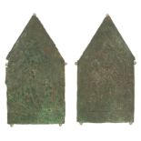 Pair of side sections from a copper reliquary chest with gilt residue. Circa 1300.