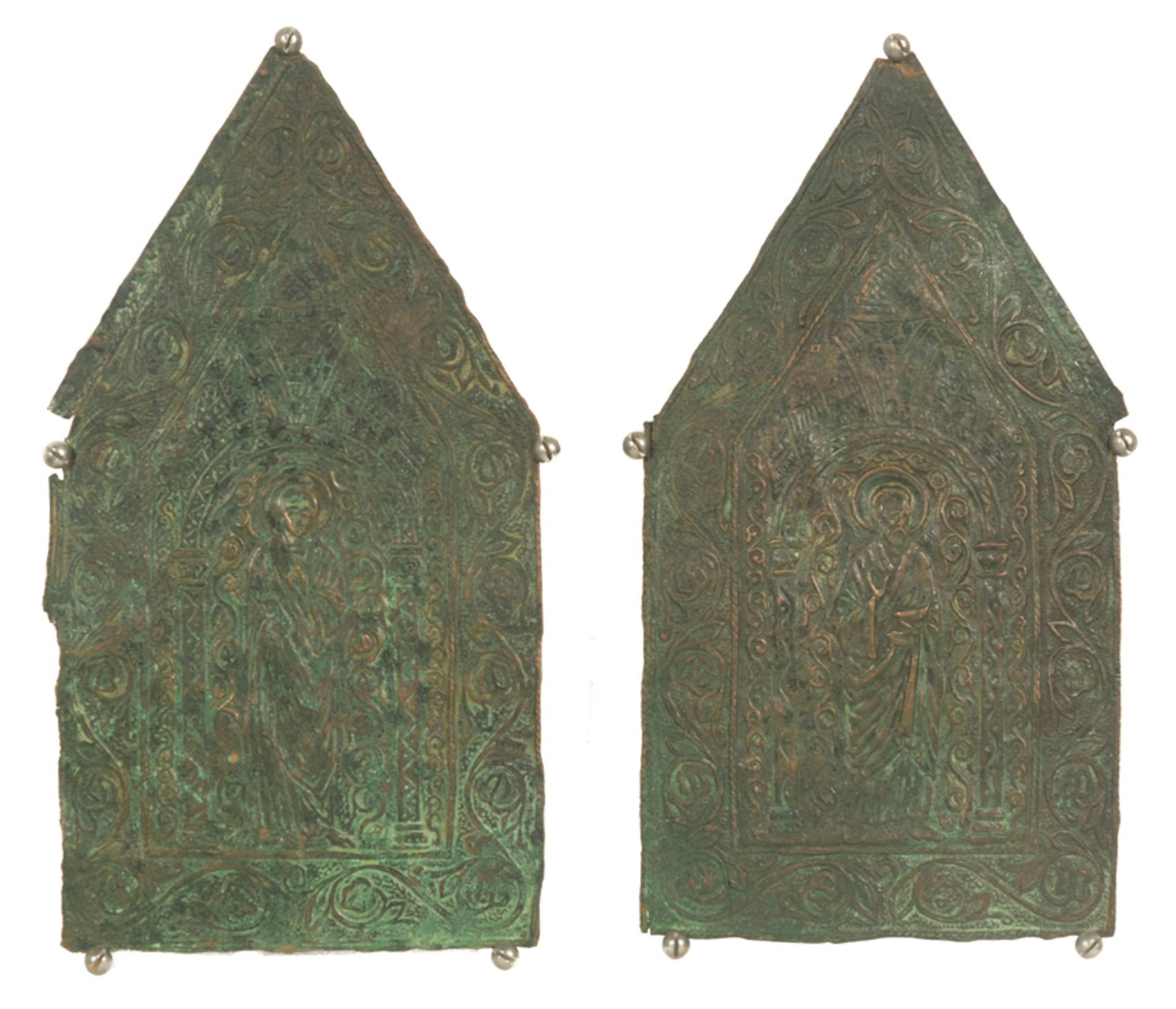 Pair of side sections from a copper reliquary chest with gilt residue. Circa 1300.