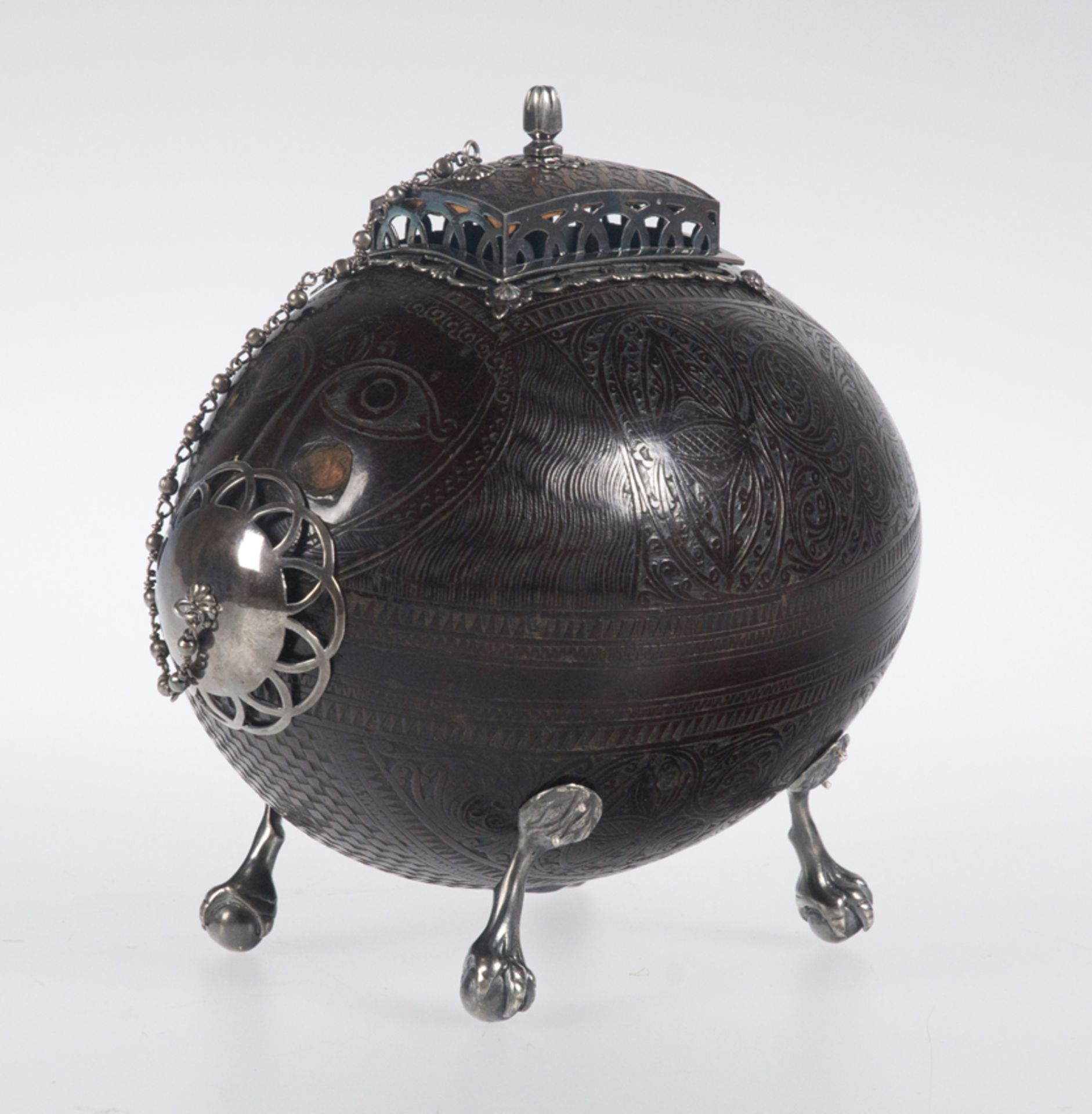 Engraved coconut wood collecting box with embossed silver.Colonial.Guatemala or Mexico.18th centu.