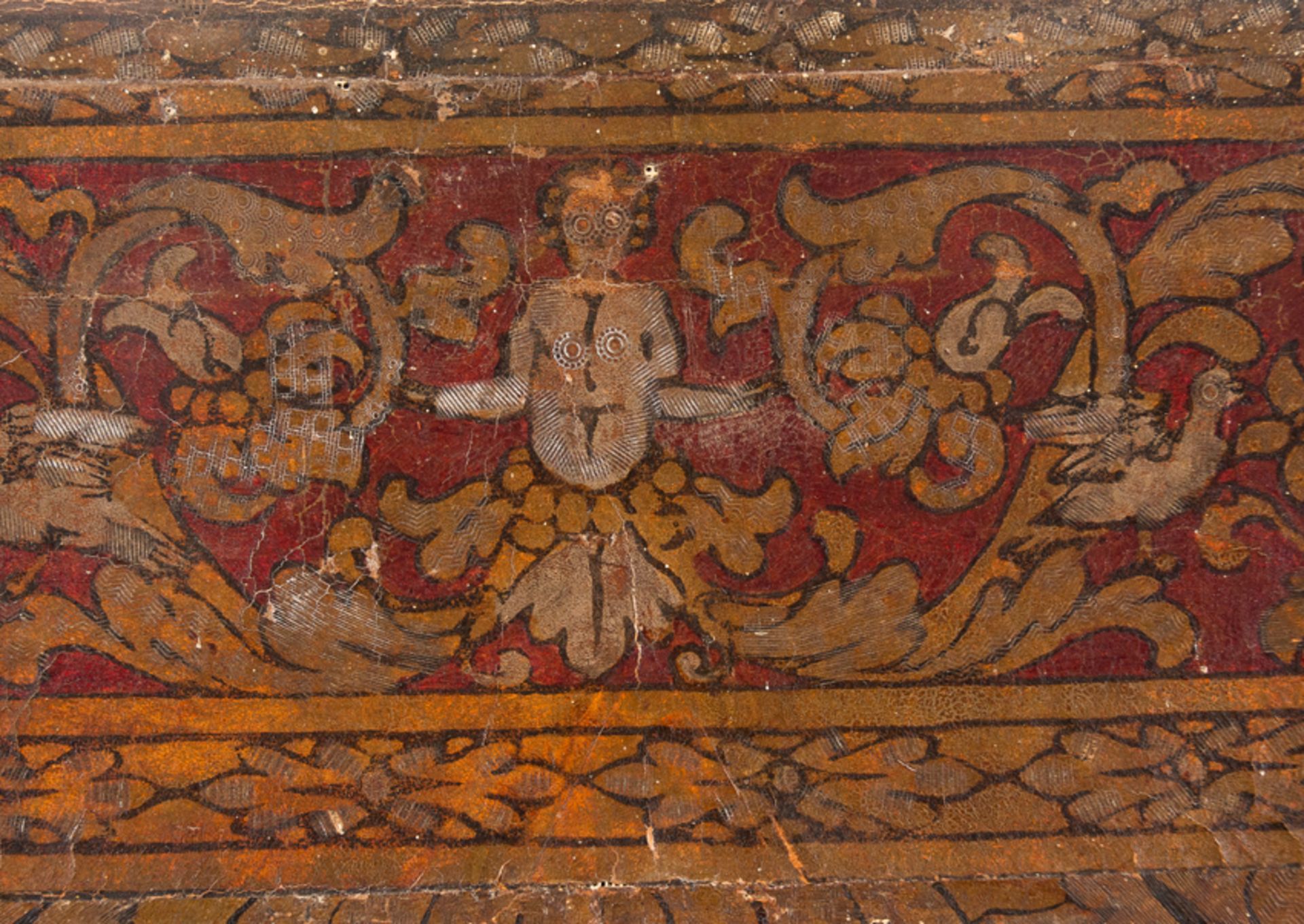 Embossed, engraved, polychromed and gilded cordovan leather. Possibly Flemish. 18th century. - Image 9 of 14