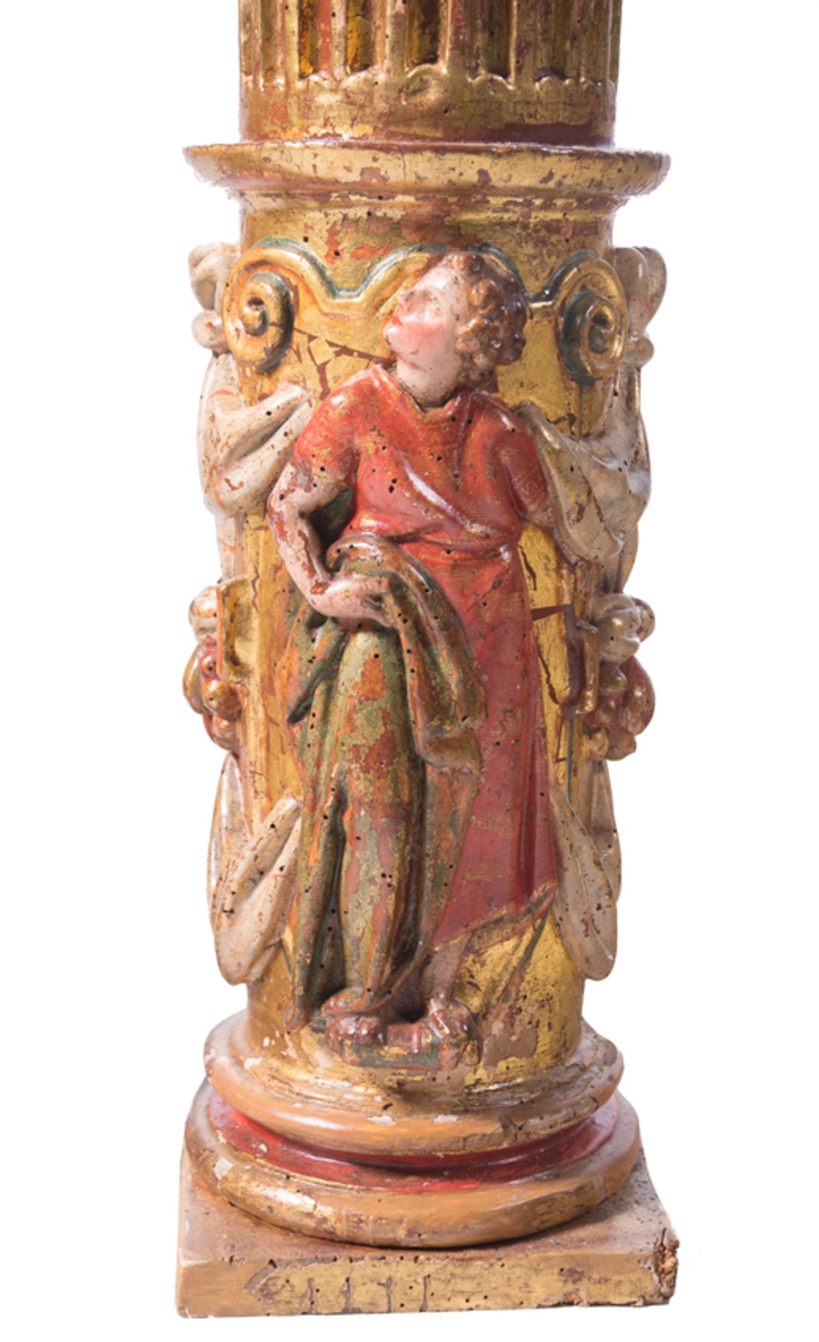 Pair of carved, gilded and polychromed wooden columns with human characters. Castilian School. Renai - Image 9 of 20