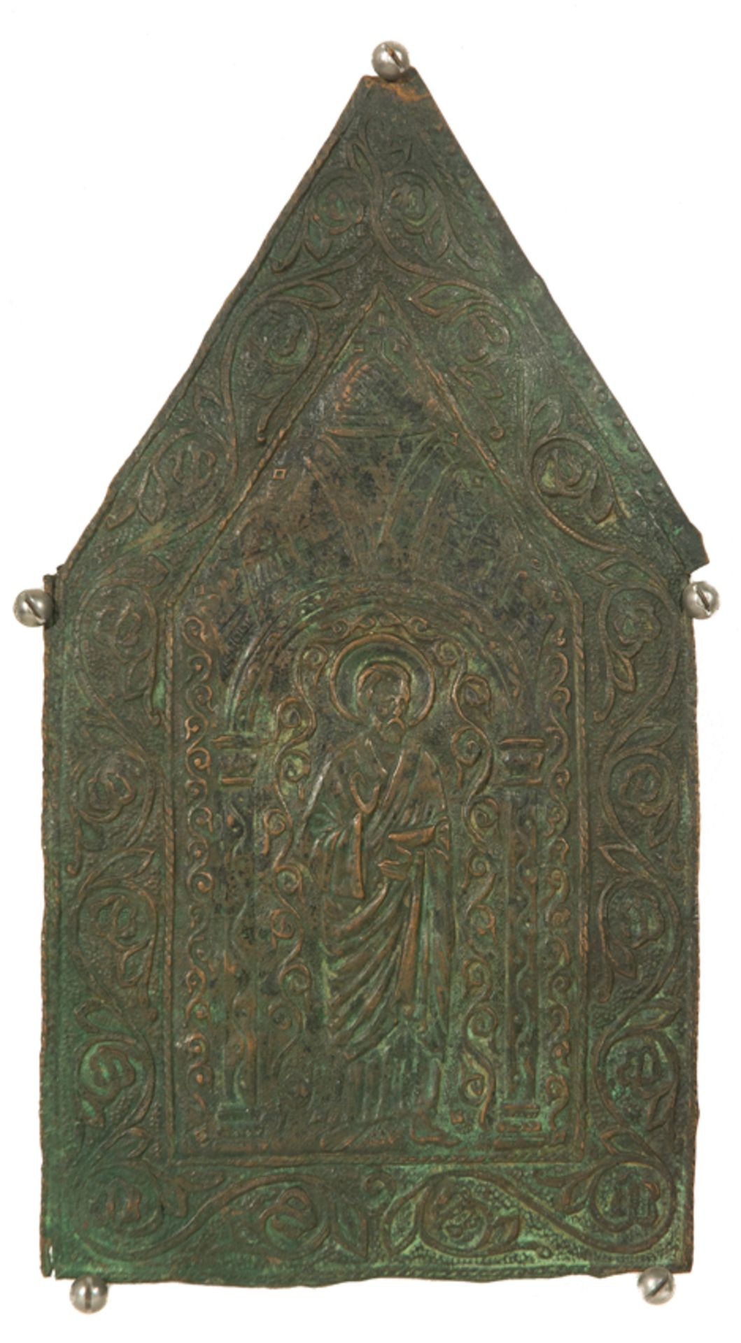 Pair of side sections from a copper reliquary chest with gilt residue. Circa 1300. - Image 3 of 6