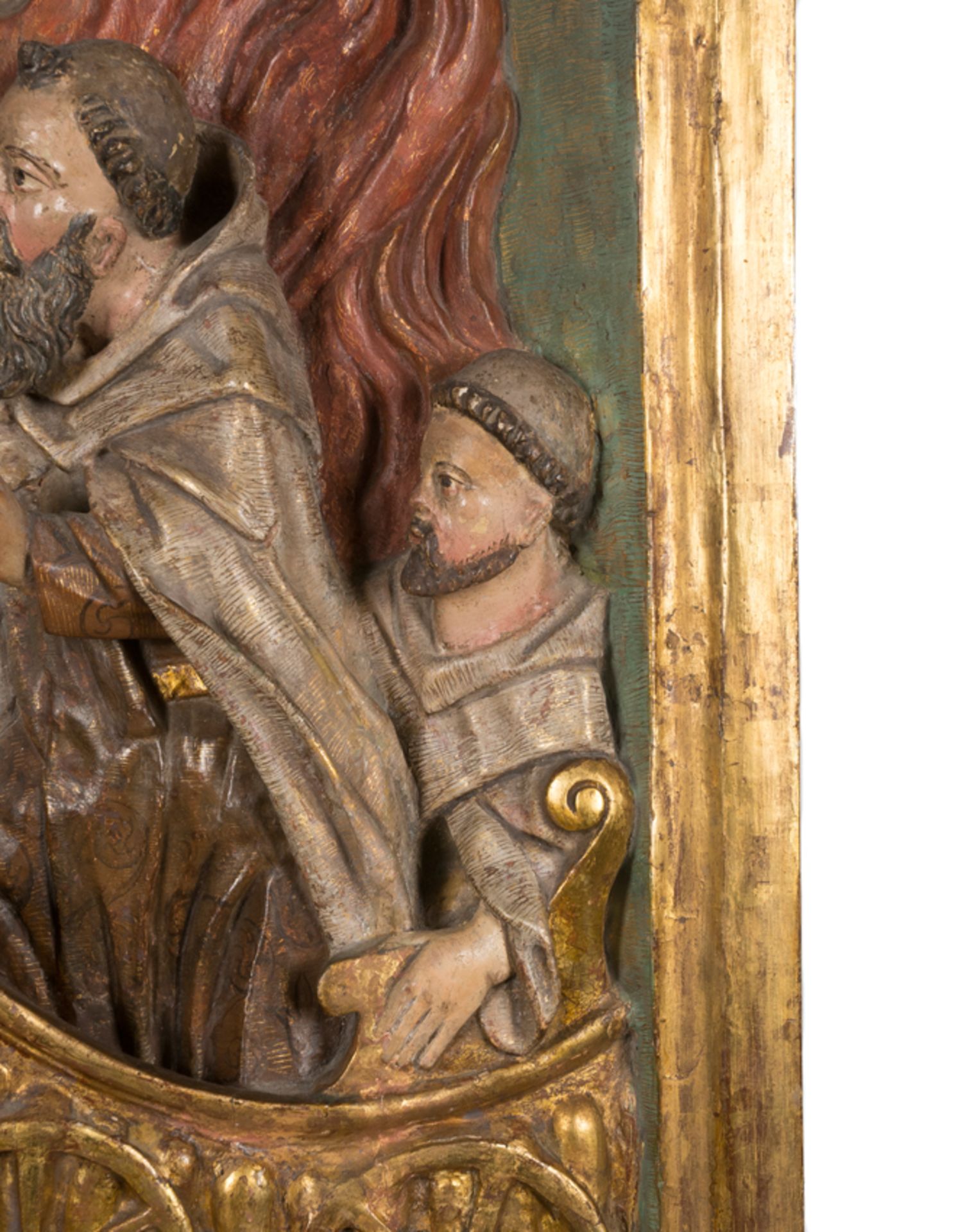 "Vision of Saint Francis in the flaming chariot". Carved, gilded and polychromed wooden relief. Col - Bild 3 aus 9