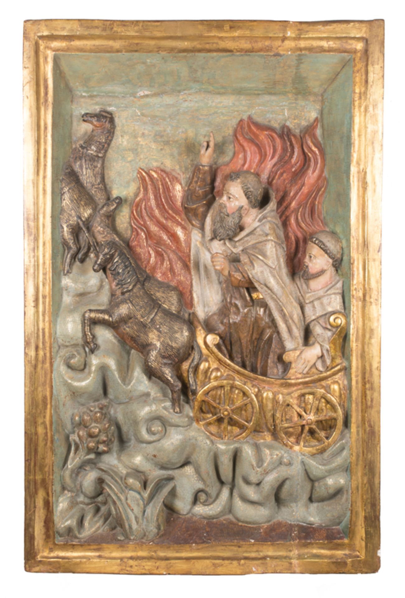 "Vision of Saint Francis in the flaming chariot". Carved, gilded and polychromed wooden relief. Col