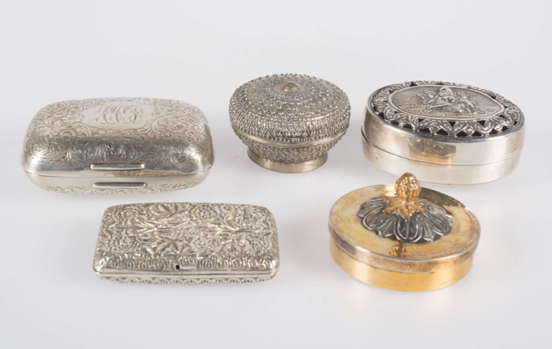 Set of five little silver boxes. 19th. - 20th. Century.