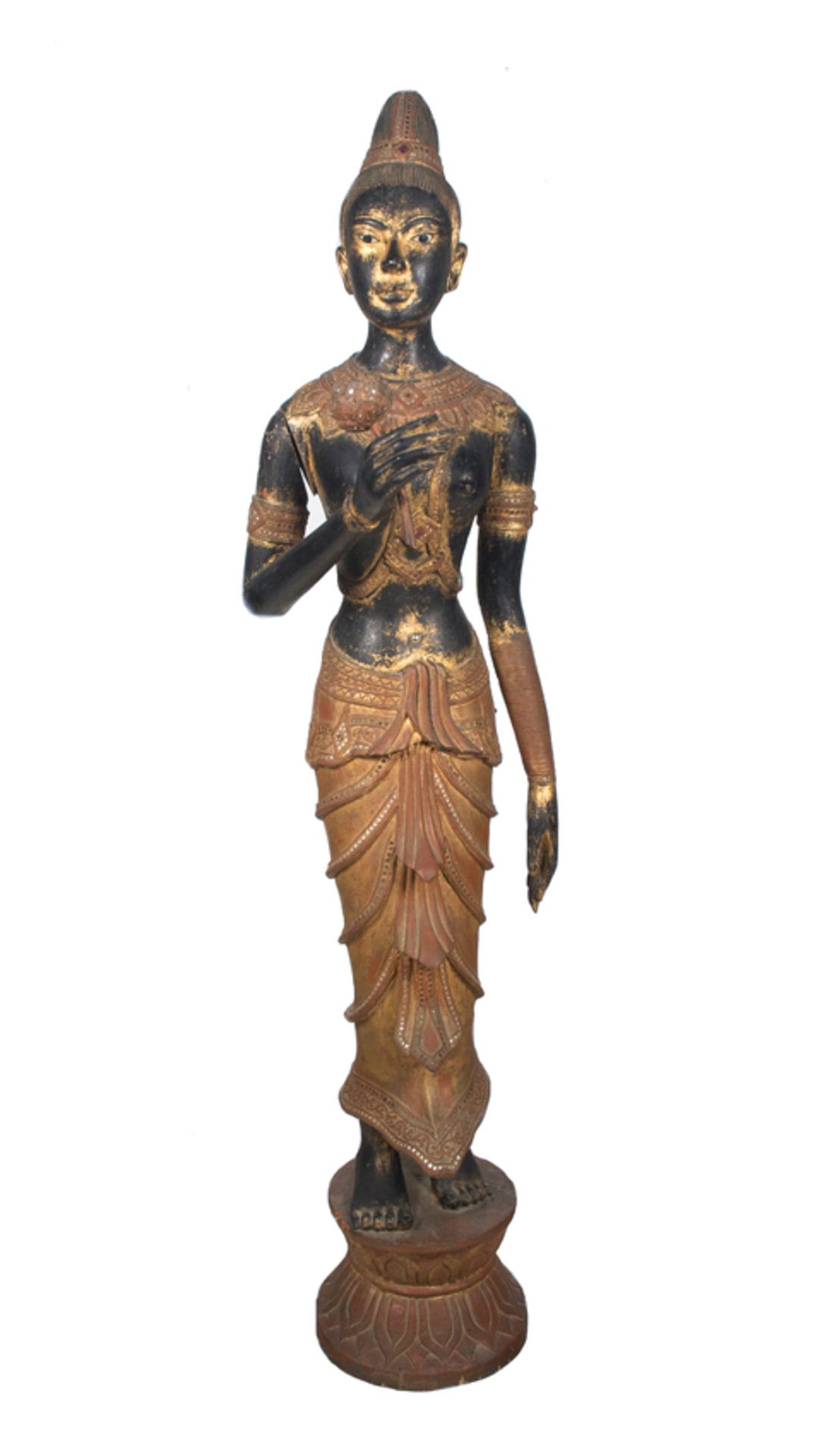 "Woman with flower". Carved and gilded wooden sculpture. Thailand. Mid 20th century.