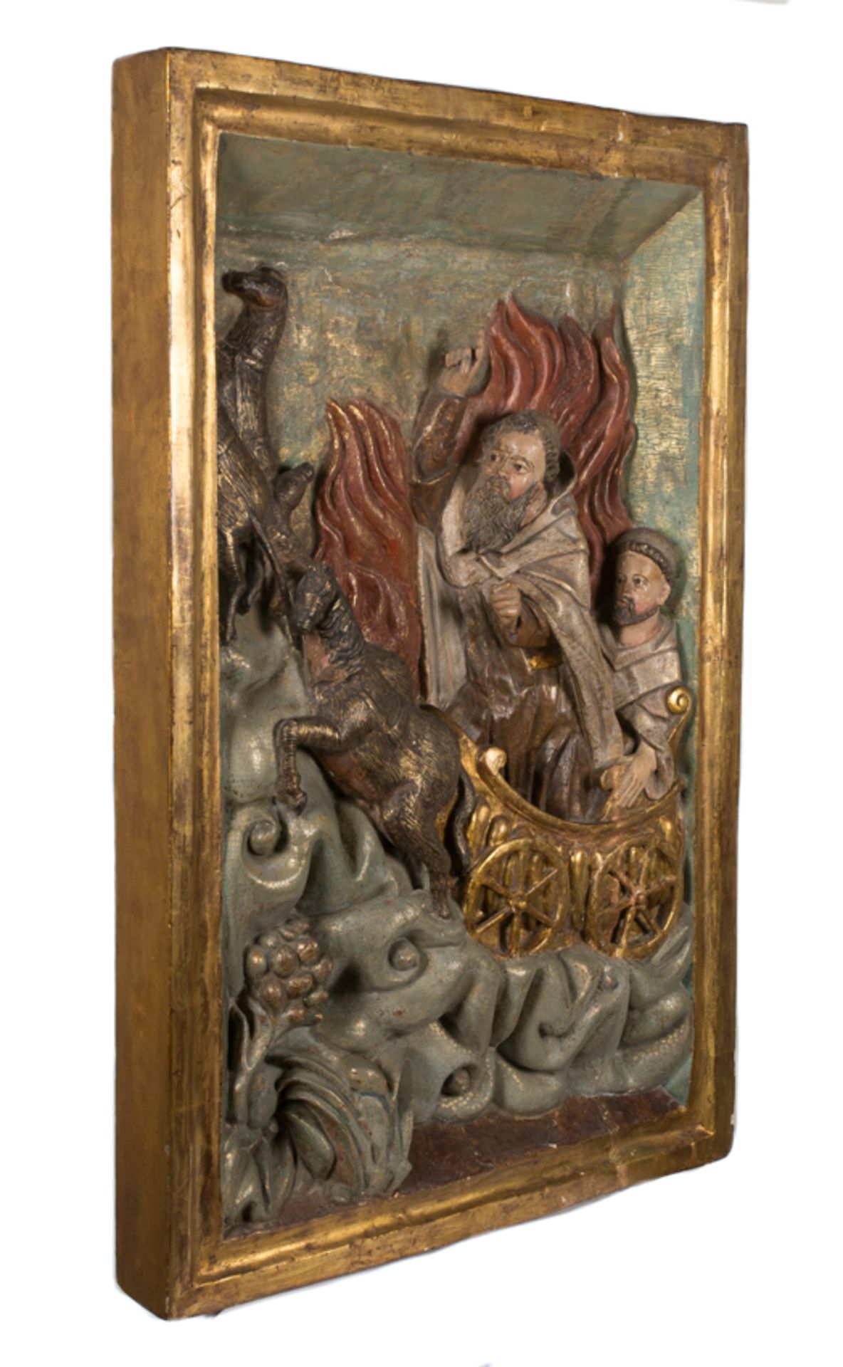 "Vision of Saint Francis in the flaming chariot". Carved, gilded and polychromed wooden relief. Col - Image 2 of 9