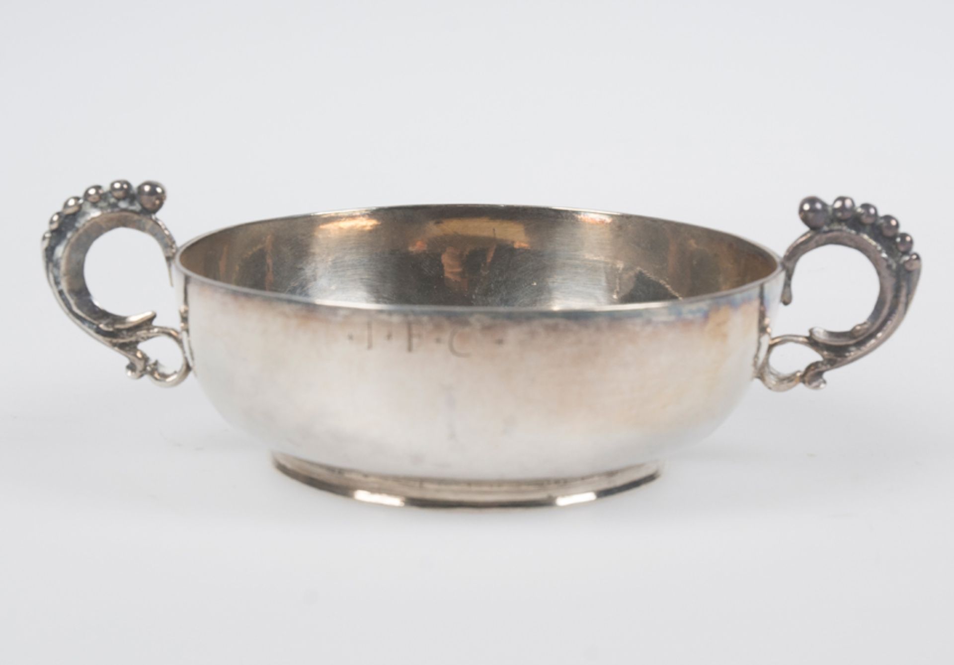 Marked Spanish silver wine tasting cup. Marked "P" and with two other illegible marks. 17th century