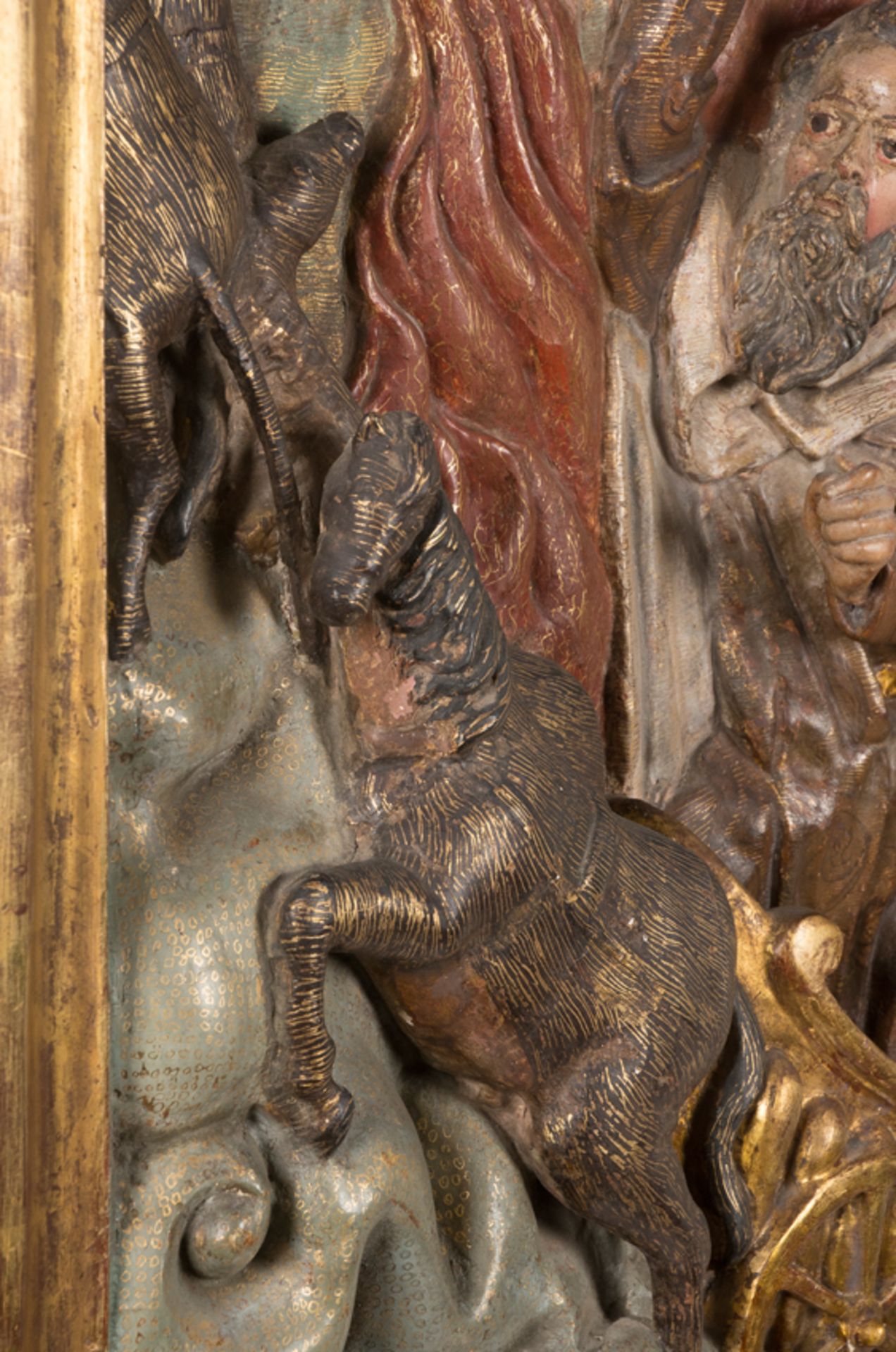 "Vision of Saint Francis in the flaming chariot". Carved, gilded and polychromed wooden relief. Col - Bild 7 aus 9
