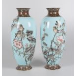 Pair of porcelain vases with cloisonné enamel. 20th century.