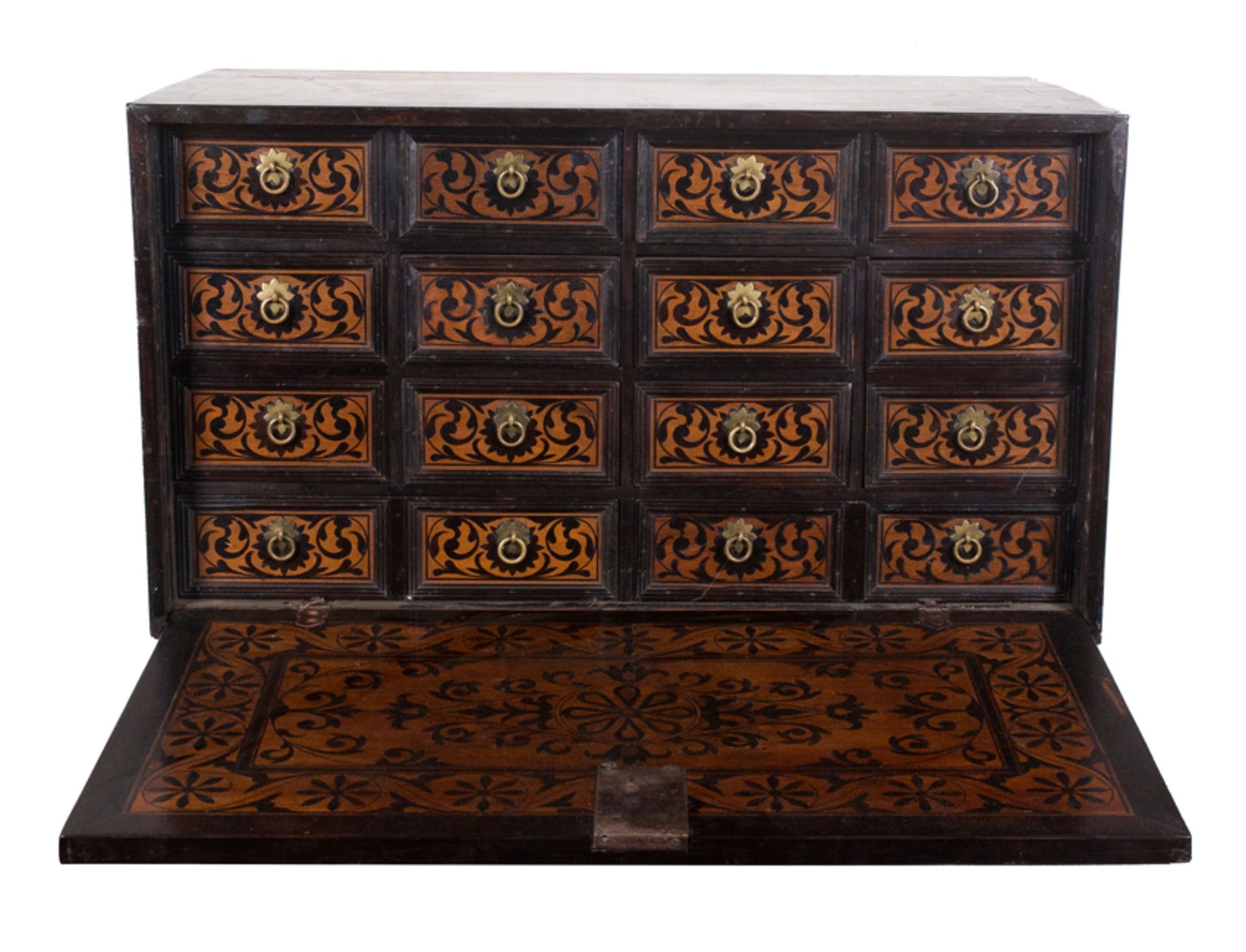 Teak, ebony and exotic wooden cabinet with bronze applications.  Indo-Portuguese. Goa. 17th century.