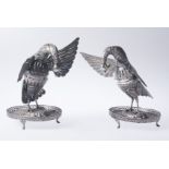 Pair of turkey-shaped incense burners in silver filigree, and fretworked and chased cast silver. Co