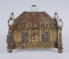 Reliquary chest in gilded copper with silver applications and rock crystal spheres. Italy. Possibly