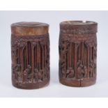 Pair of carved wooden jars for paintbrushes. China.19th century.