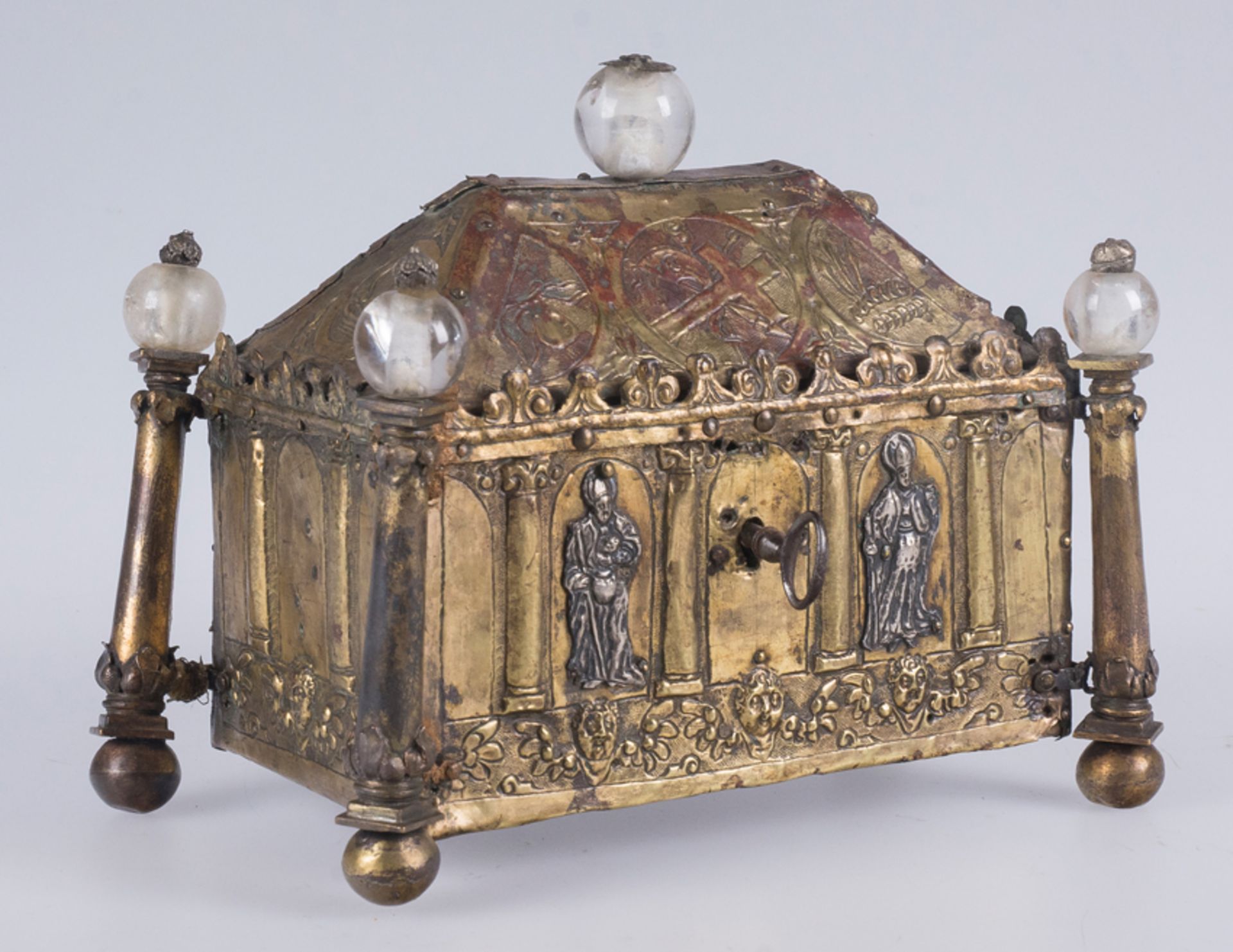 Reliquary chest in gilded copper with silver applications and rock crystal spheres. Italy. Possibly - Image 2 of 12