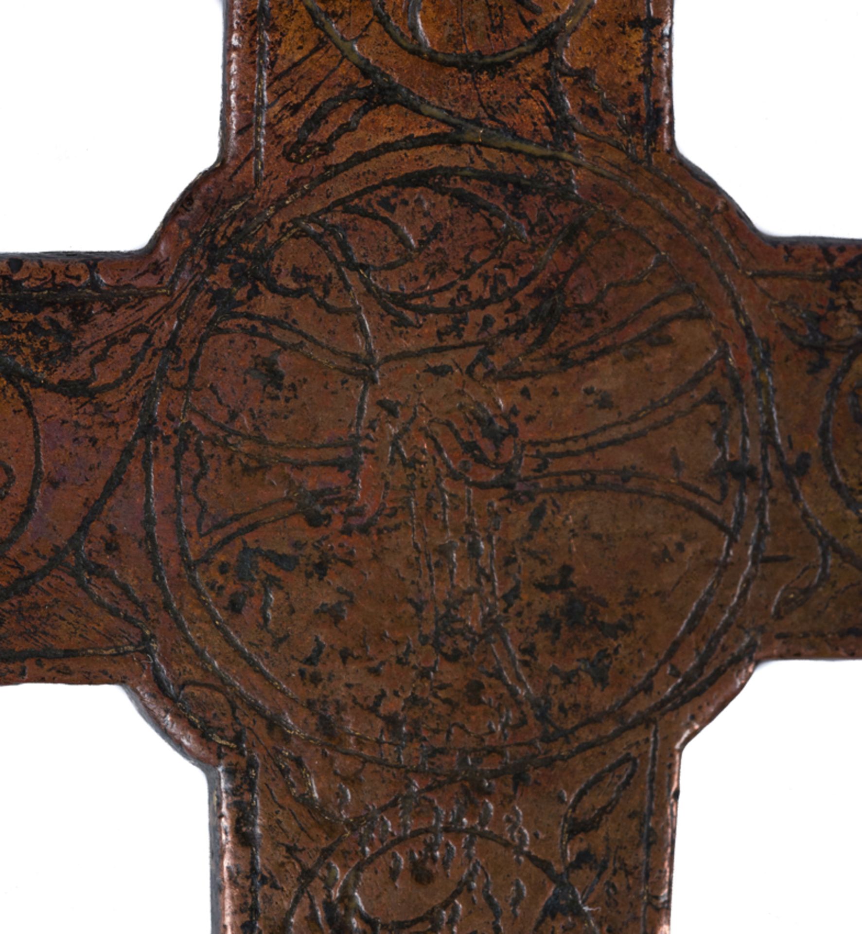 Magnificent cross with Christ alive, in copper with traces of gilding, chiselled and decorated with - Bild 10 aus 14