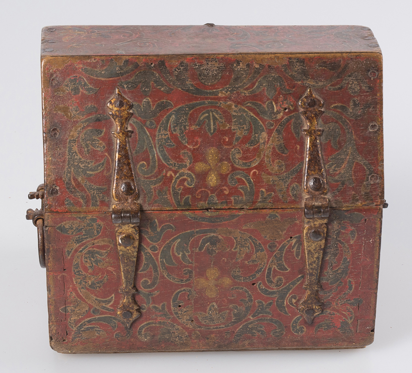 Carved and polychromed wooden chest with gilded, wrought iron fittings. Early Circa 1500. - Image 6 of 6