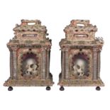 Pair of reliquaries made of gold and silver thread with coloured crystals. Italian school. Probably